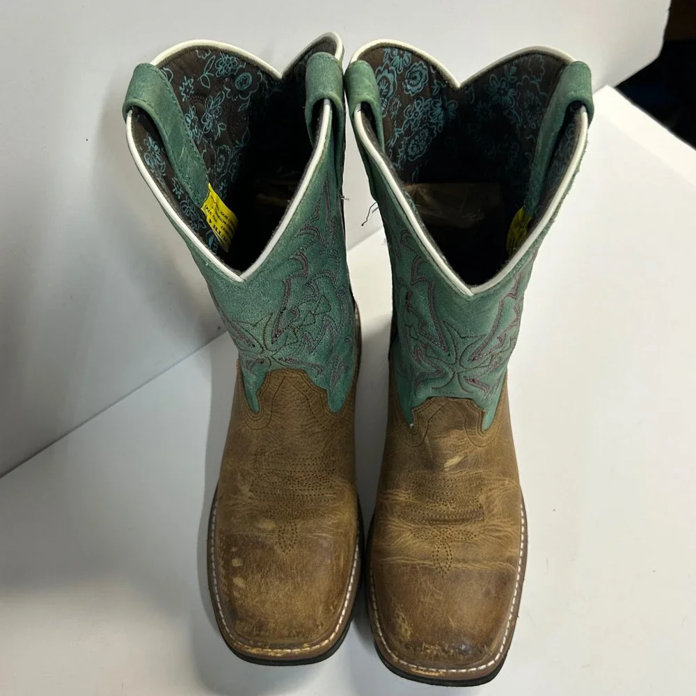 Dan Post Cowboy Boots Brown Teal Youth Size 4 D Square Toe Western DPC3937